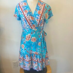 ZESICA Womens Wrap Dress Summer Bohemian Aqua Floral Print Ruffle Size Medium